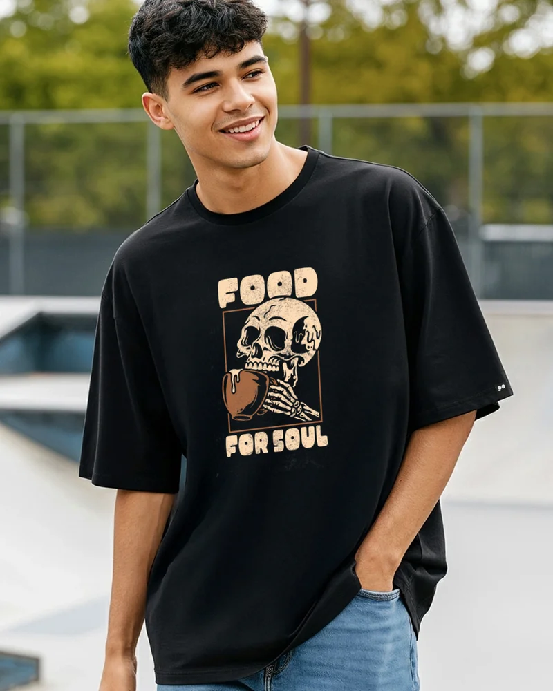 bewakoof Men's Black Feed For Soul Graphic Printed Oversized T-shirt